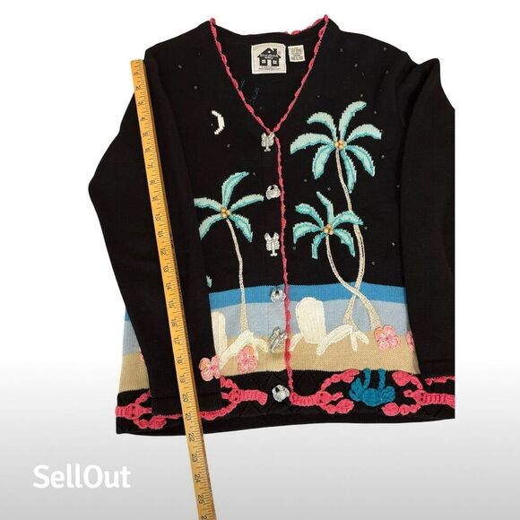 Storybook Knits Women's XS Beach Theme Cardigan Sweater Black - Picture 5 of 7